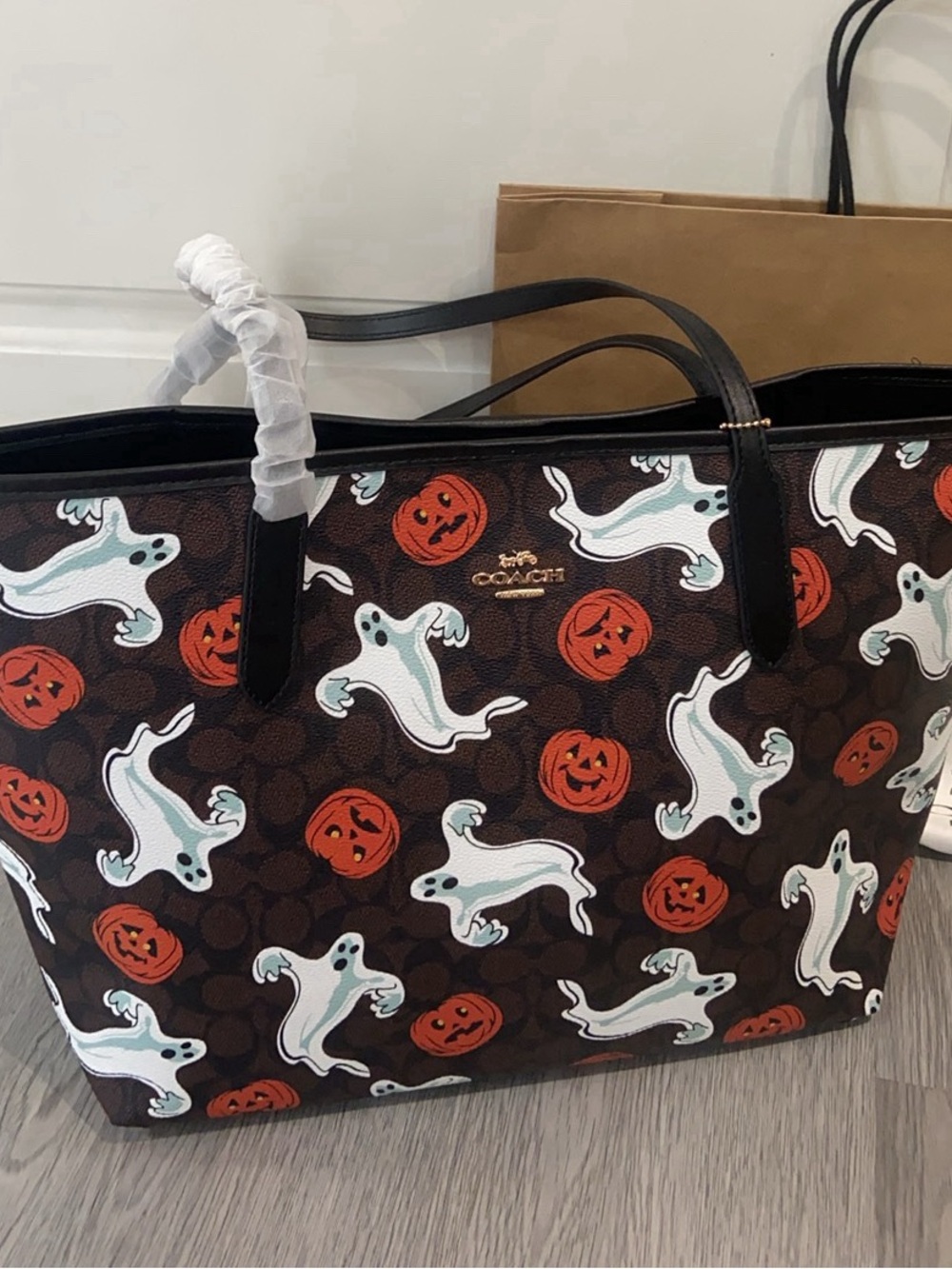 Coach Brown Tote with White Ghosts and Orange Pumpkins - Picture 3 of 8